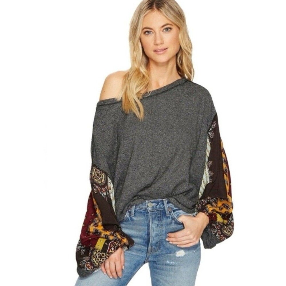 Free People Blossom Thermal Top Size XS Charcoal Gray Patchwork Puff Sleeves